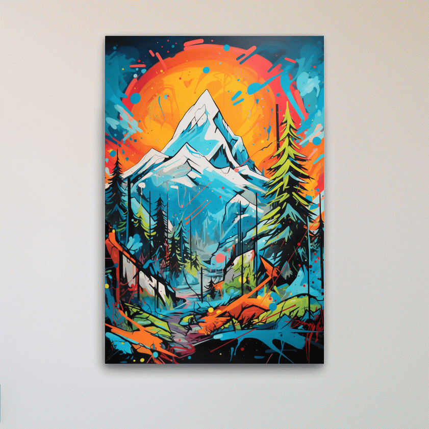 Vibrant Abstract Mountain Sunset Graffitti Painting - Colorful Pop Art Alpine Wall Art