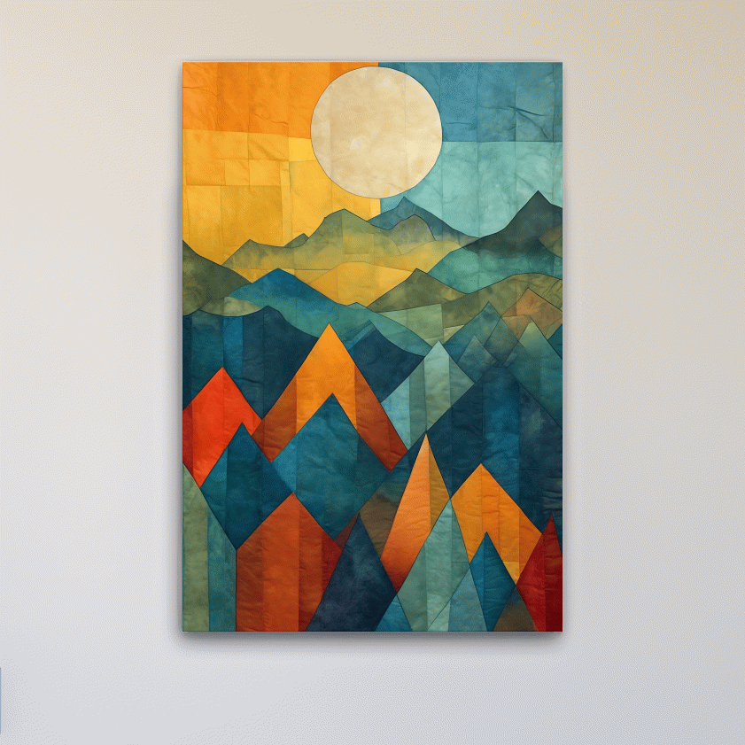Geometric Patchwork Sunlit Mountain Range Painting - Colorful Abstract Alpine Wall Art