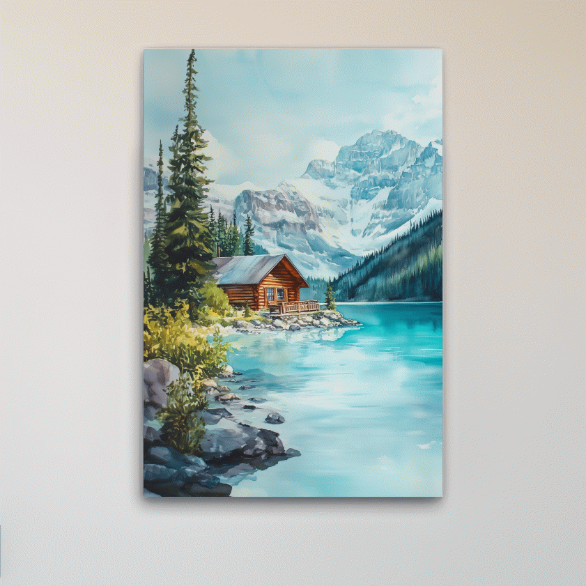 Turquoise Alpine Lake Cabin Watercolor - Serene Snowy Mountain Wall Art