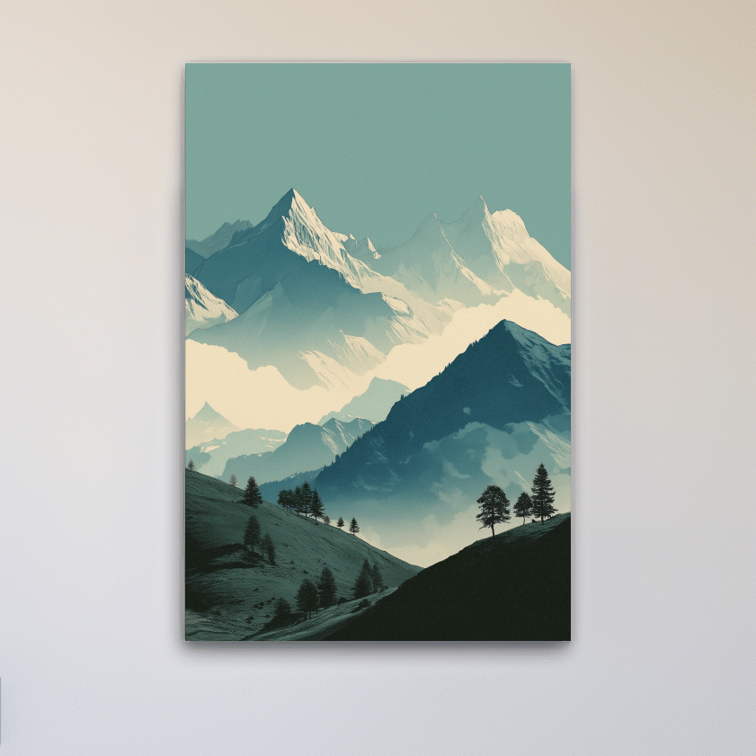Misty Alpine Mountain Peaks Illustration - Serene Landscape Wall Art