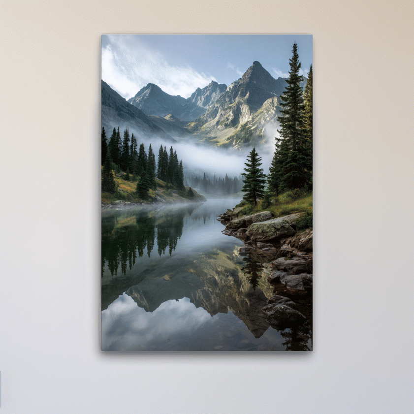 Misty Alpine Lake Photography - Serene Mountain Forest Wall Art