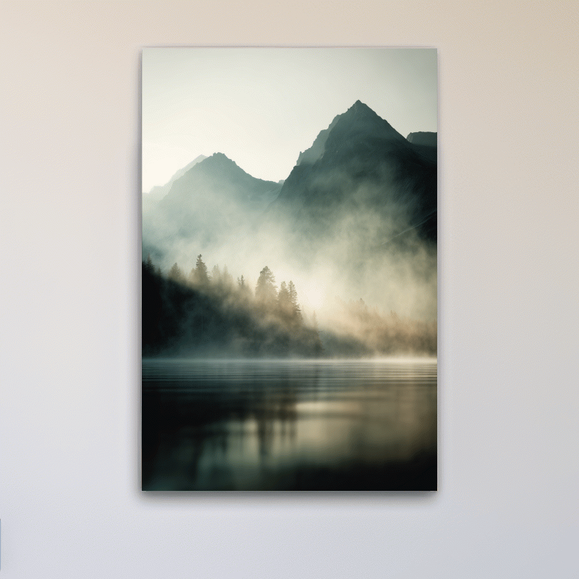 Moody Misty Mountain Lake Landscape - Serene Foggy Pine Forest Wall Art