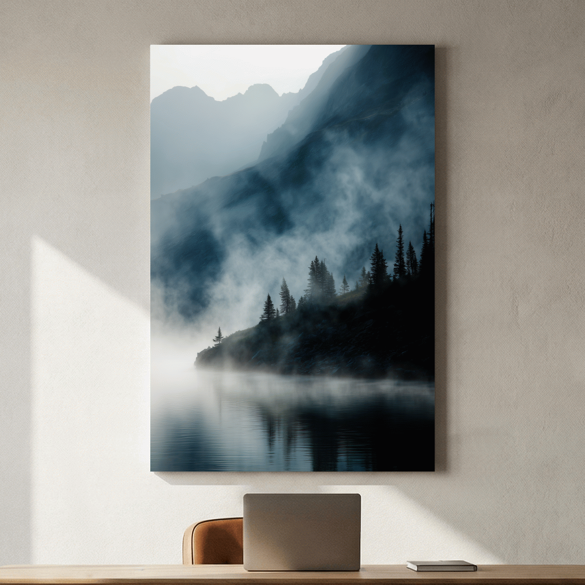 Misty Alpine Lake Landscape Photography - Foggy Pine Forest Nature Wall Art
