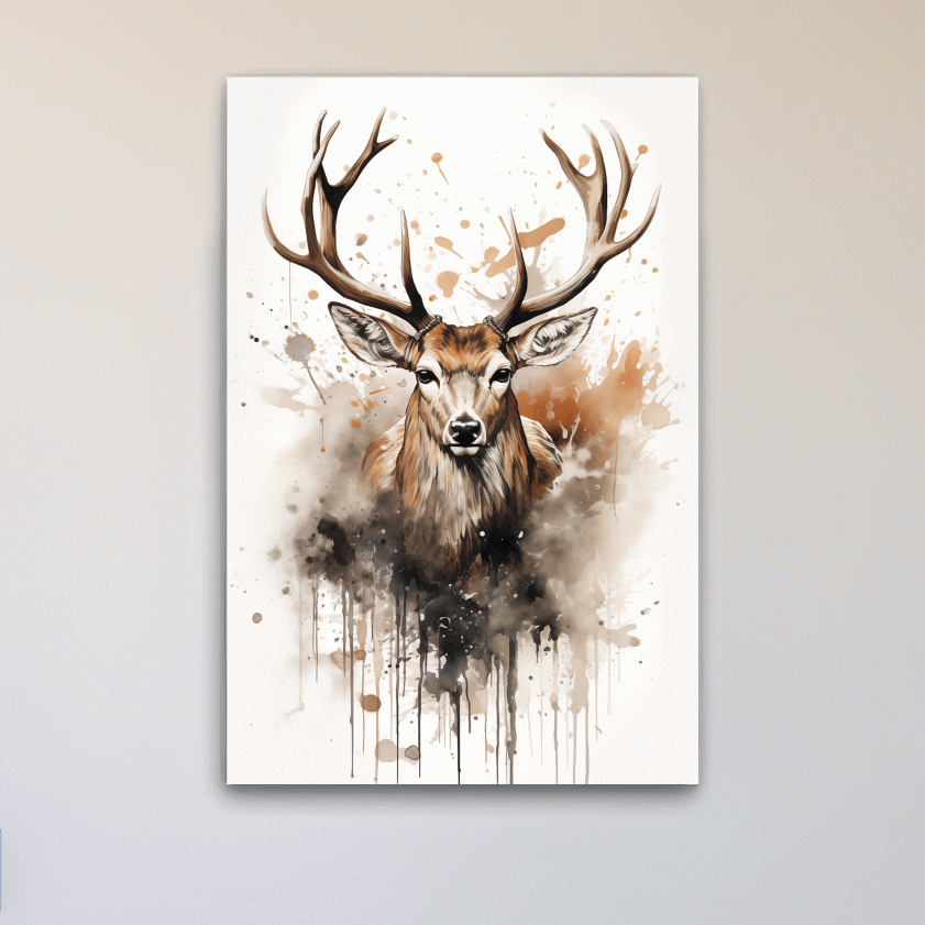 Majestic Stag Watercolor Splash Painting - Rustic Wildlife Wall Art