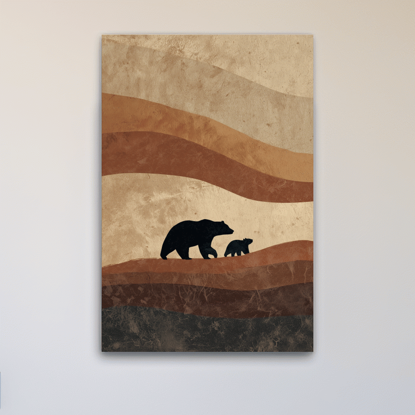 Scandi Bear Family Silhouette Artwork - Earthy Abstract Wildlife Wall Art