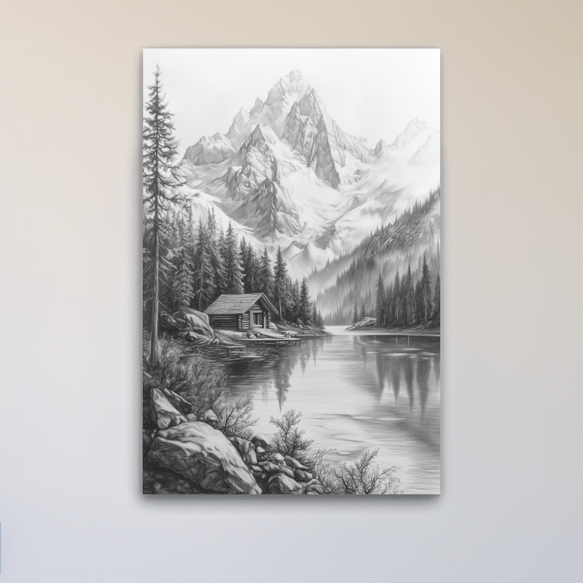 Monochrome Alpine Lake Cabin Sketch Art - Mountain Drawing Wall Art