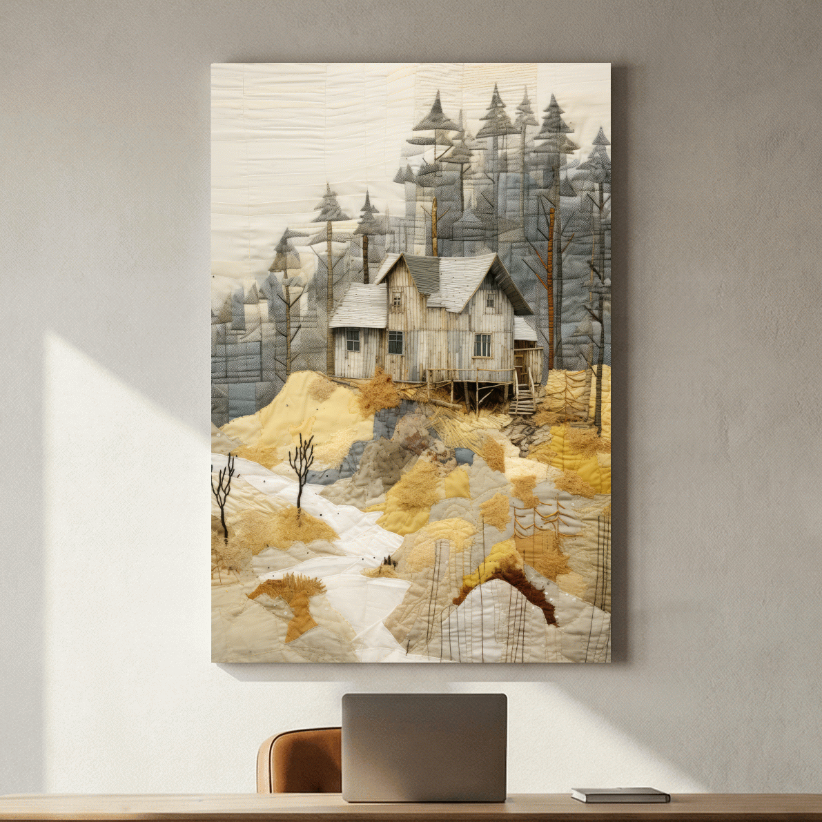 Rustic Woodland Cabin Landscape Quilt Art - Patchwork Style Mixed Media Wall Art