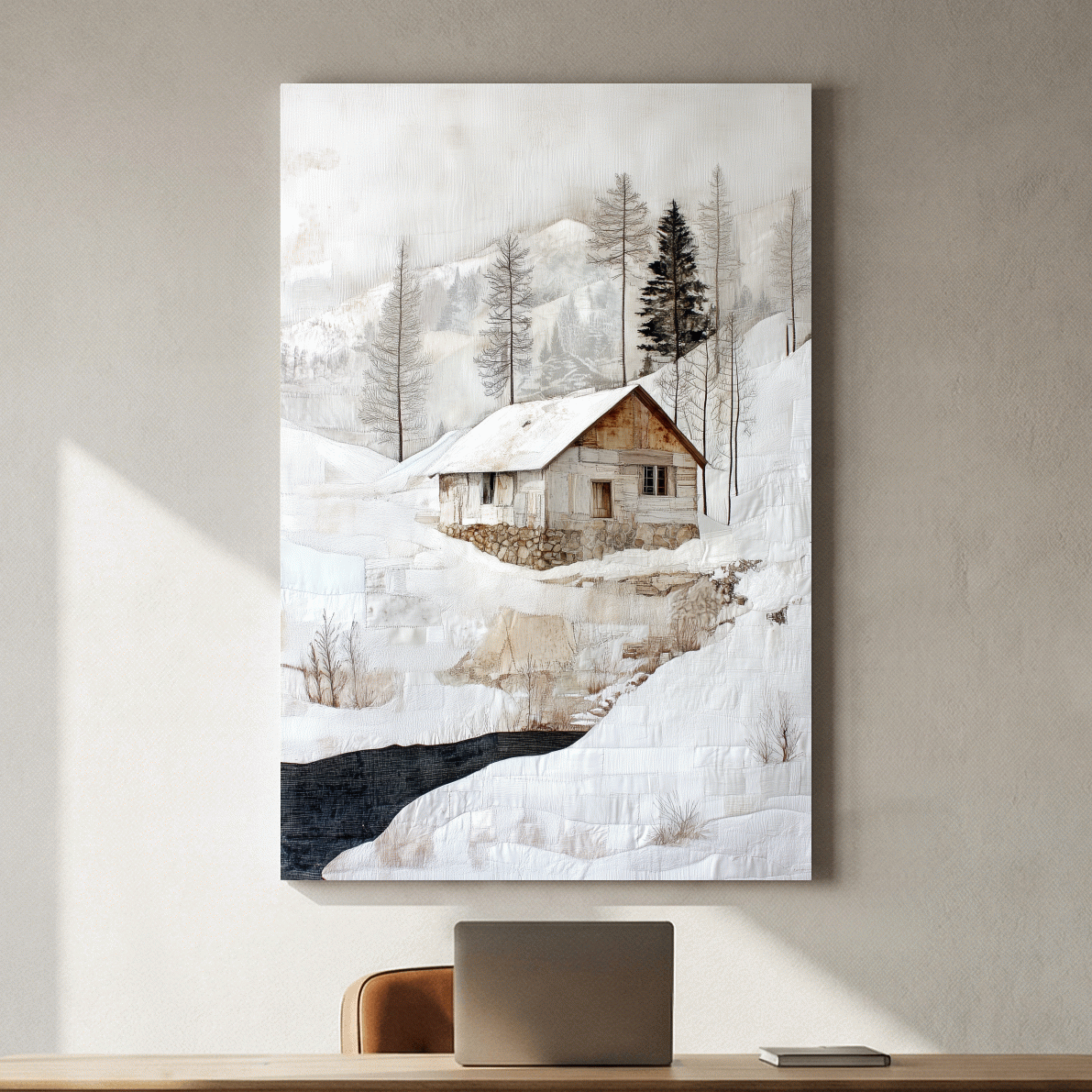 Snowy Mountain Cabin Textured Painting - Winter Landscape Wall Art
