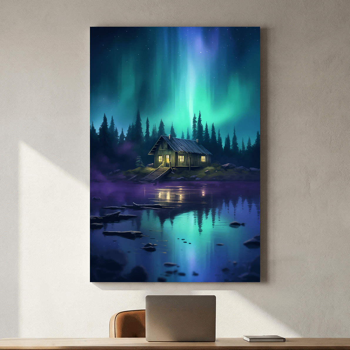 Vibrant Northern Lights Cabin Lake Painting - Aurora Borealis Night Wall Art