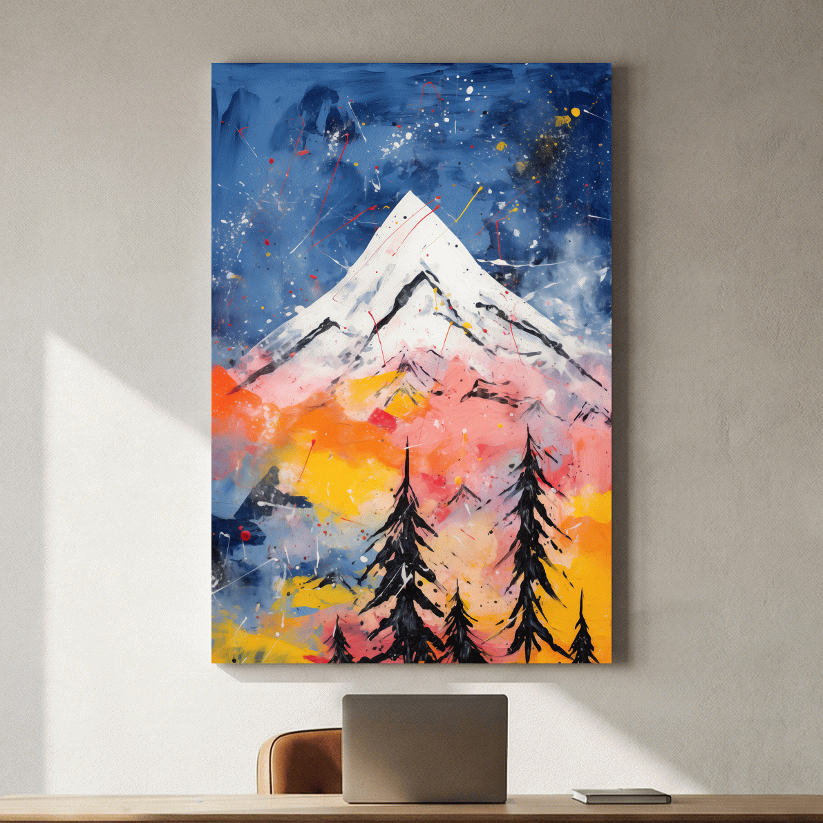 Vibrant Abstract Mountain Peak Sunset Painting - Colorful Acrylic Splash Forest Wall Art