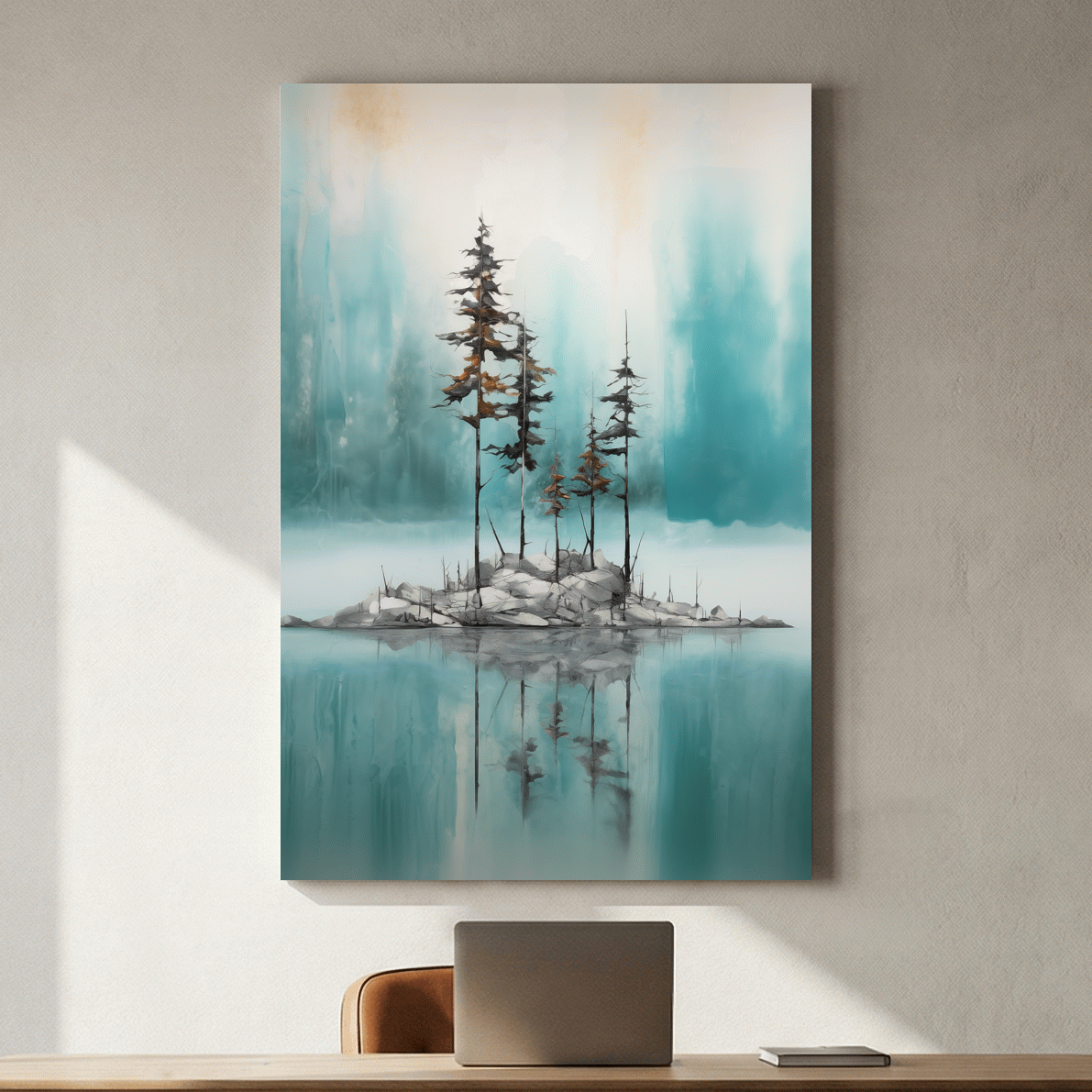 Misty Pine Trees Reflection - Watercolor Turquoise Alpine Lake Wall Art
