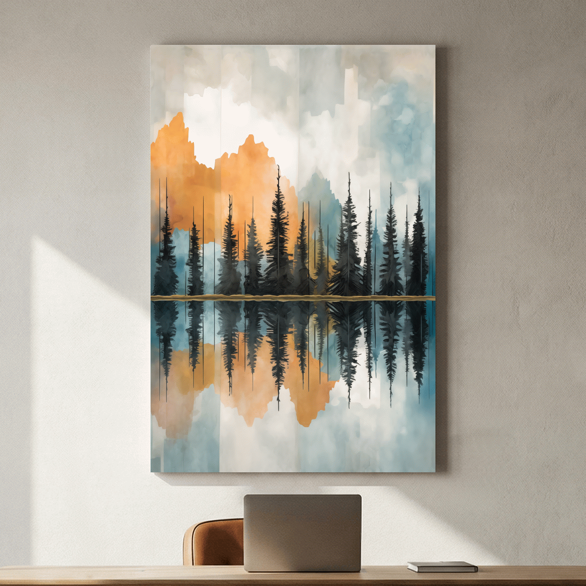 Abstract Watercolor Mountain Lake Reflection - Alpine Forest Landscape Artwork