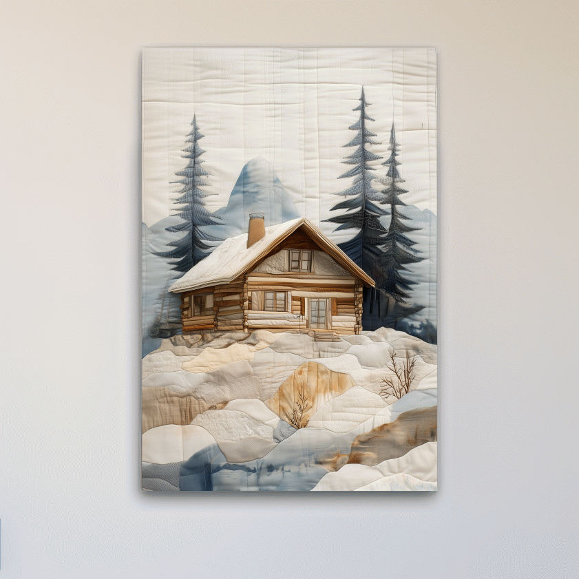 Rustic Winter Cabin In Snowy Pines - Textured Patchwork Fabric Effect Wall Art