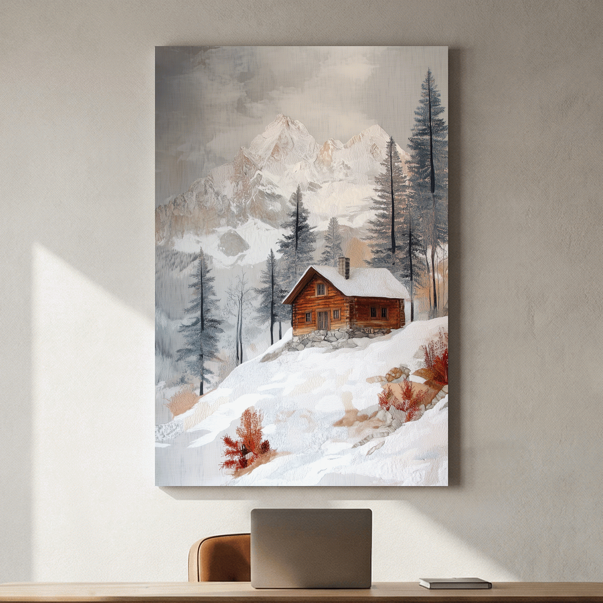 Snowy Mountain Cabin Landscape Painting - Rustic Winter Wilderness Wall Art