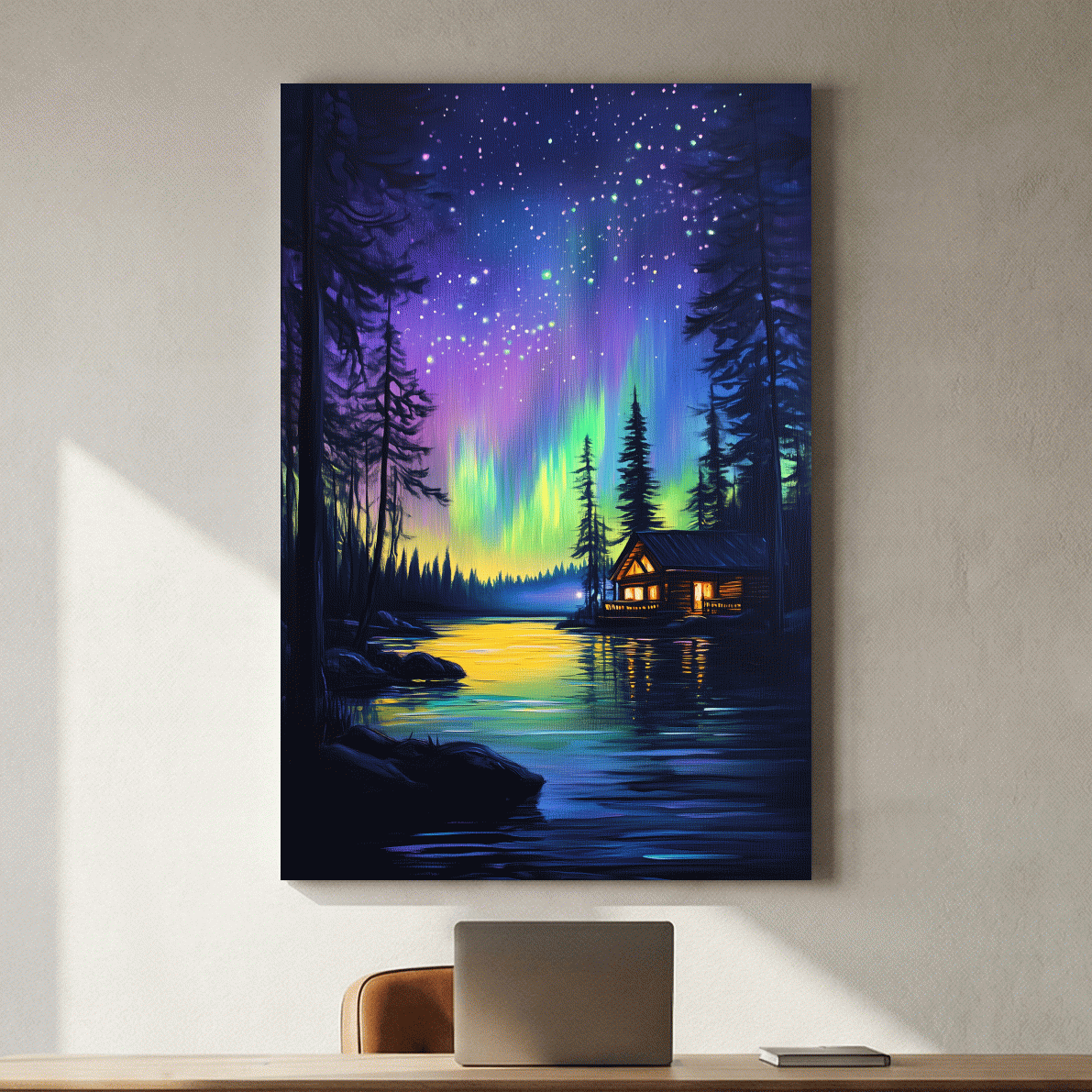 Vibrant Northern Lights Lakeside Cabin Painting - Aurora Borealis Night Landscape Wall Art