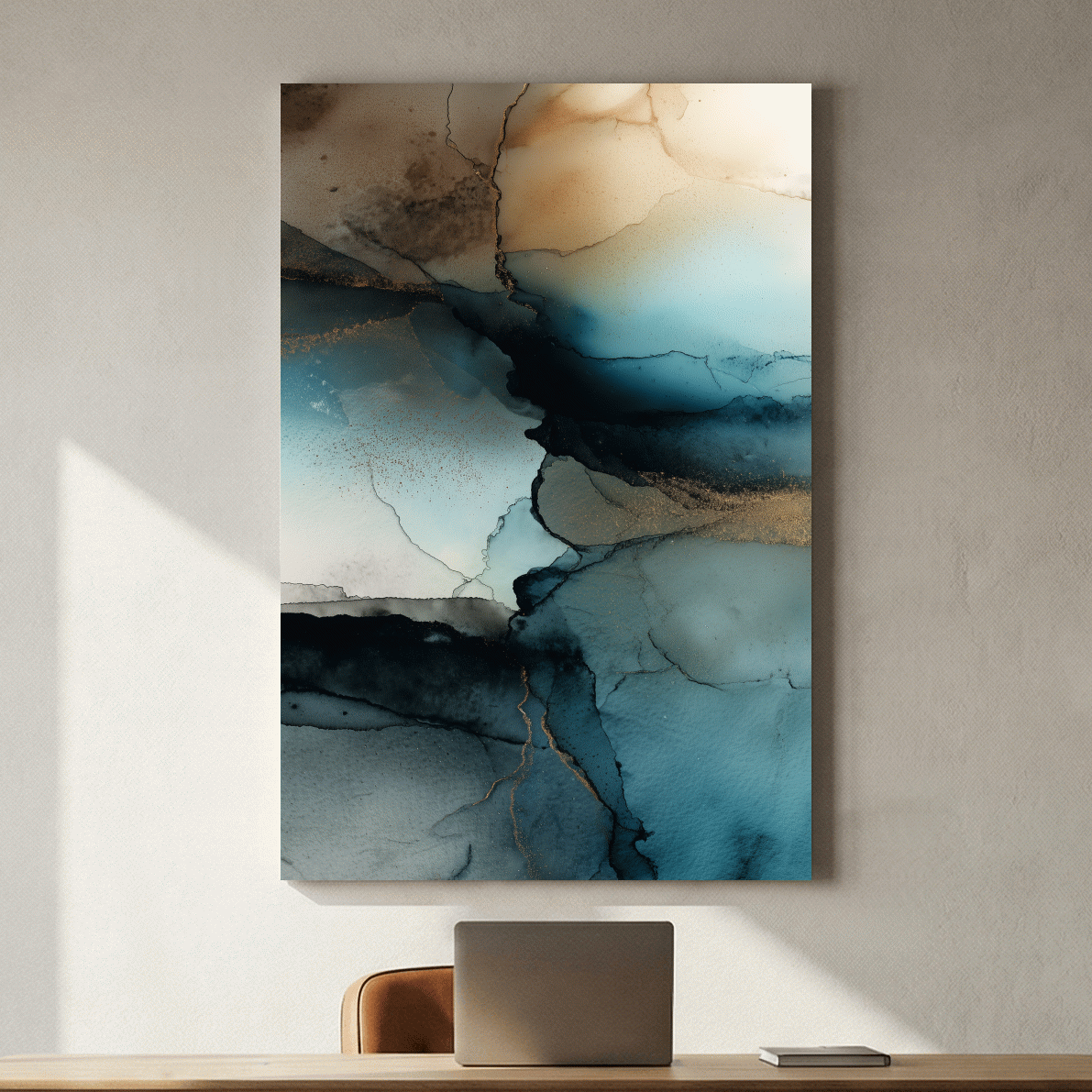 Moody Teal Ink Wash Abstract - Alcohol Ink Style Mountain Wall Art
