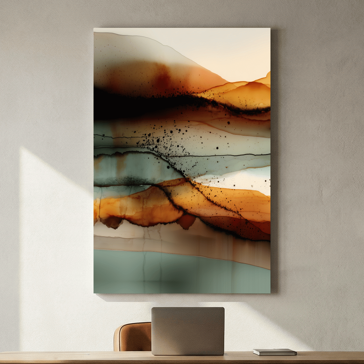 Earth Tone Ink Wash Mountain Landscape - Abstract Modern Wall Art