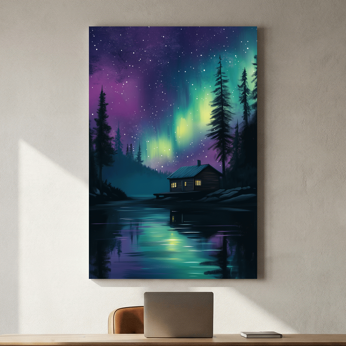 Aurora Borealis Lake Cabin Painting - Northern Lights Wall Art