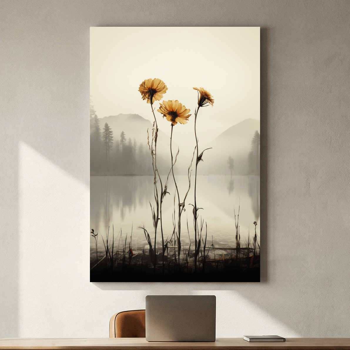 Wildflower Misty Lake Landscape - Minimalist Botanical Wall Art