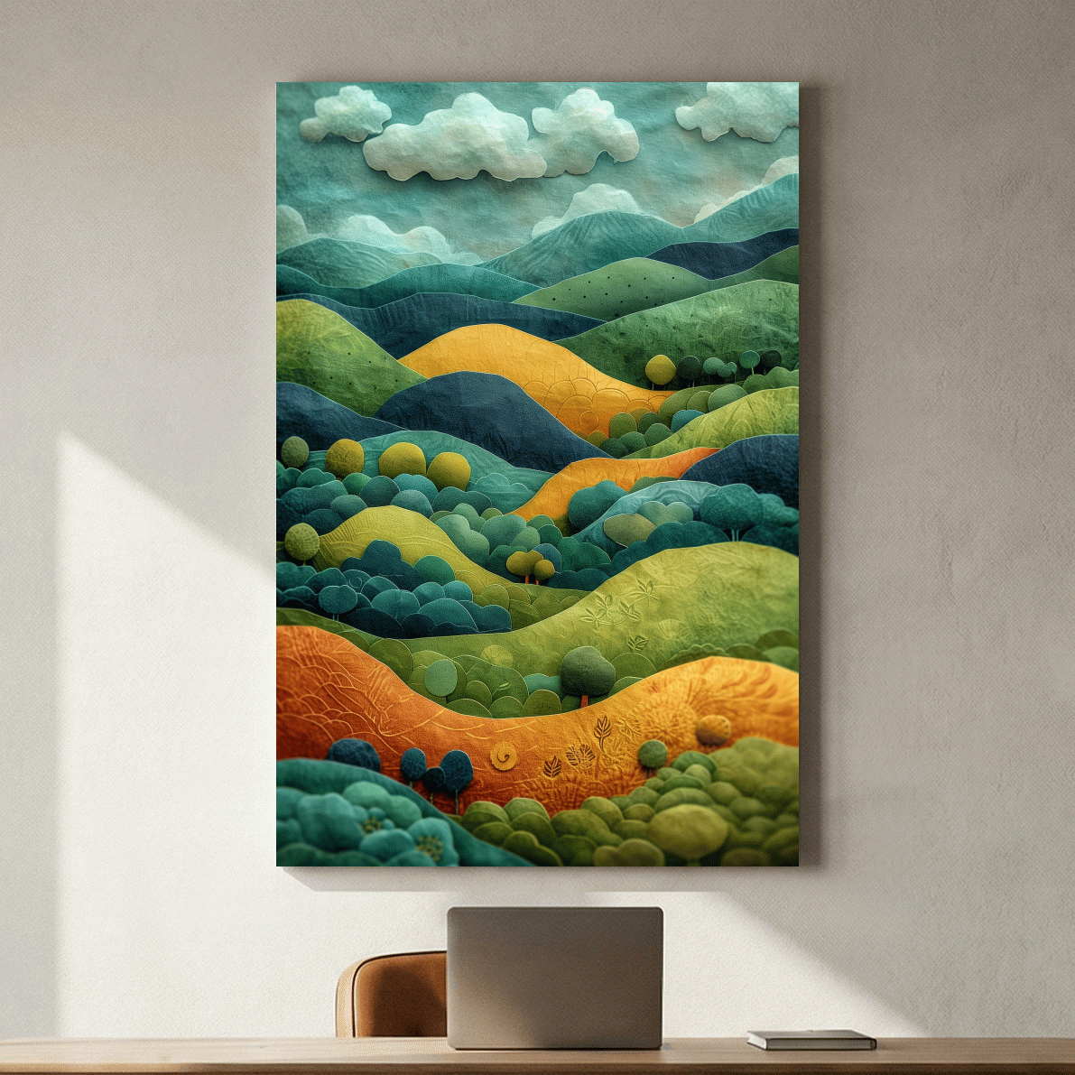 3D Layered Paper Cut Style Mountain Artwork - Whimsical Surreal Landscape Wall Art