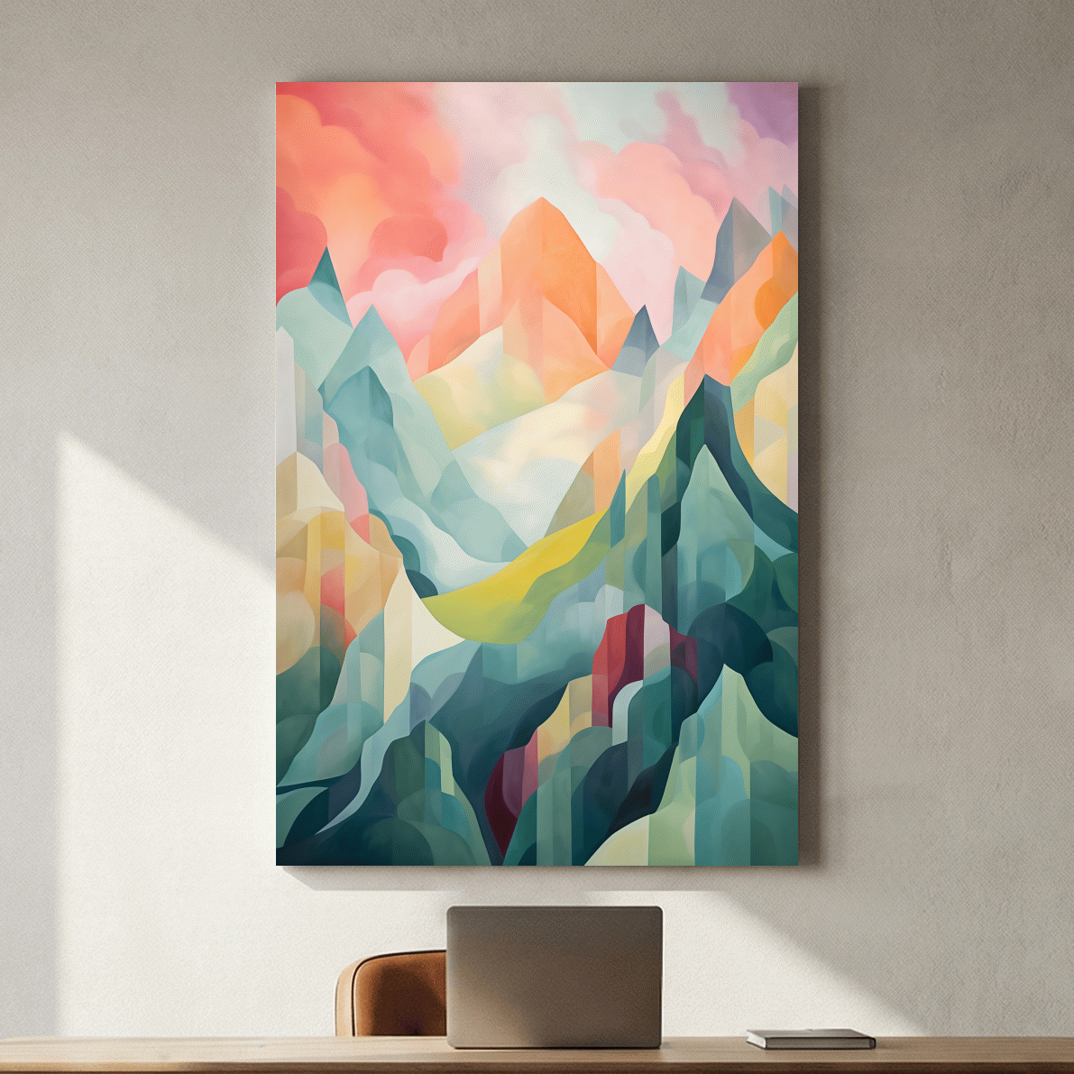 Vibrant Abstract Pastel Mountain Sunset - Geometric Watercolor Style Wall Art