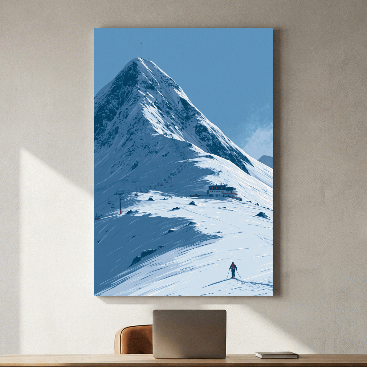 Alpine Mountain Skier Artwork - Minimalist Winter Landscape Wall Art