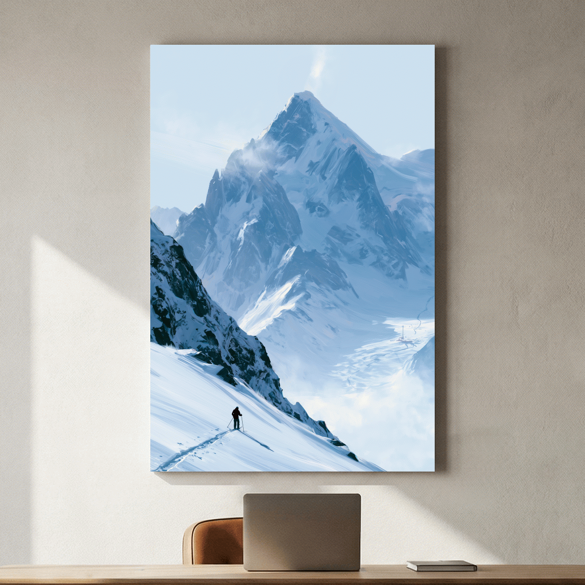 Backcountry Skier Alpine Peak Landscape - Minimalist Winter Mountain Wall Art