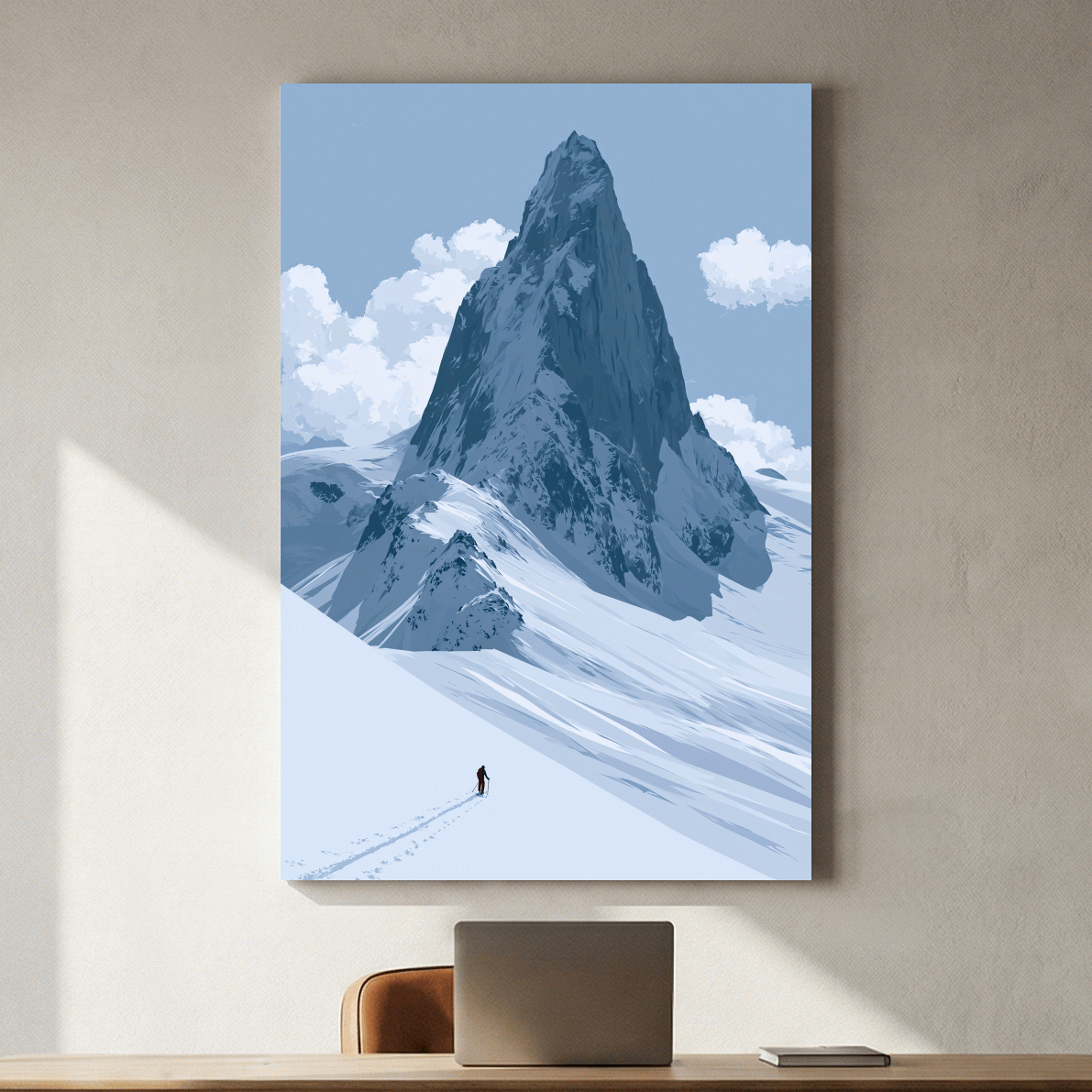 Backcountry Alpine Skier Illustration - Minimalist Mountain Landscape Wall Art