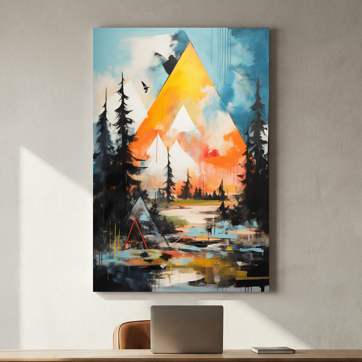 Vibrant Abstract Mountain Painting - Modern Geometric Alpine Forest Wall Art