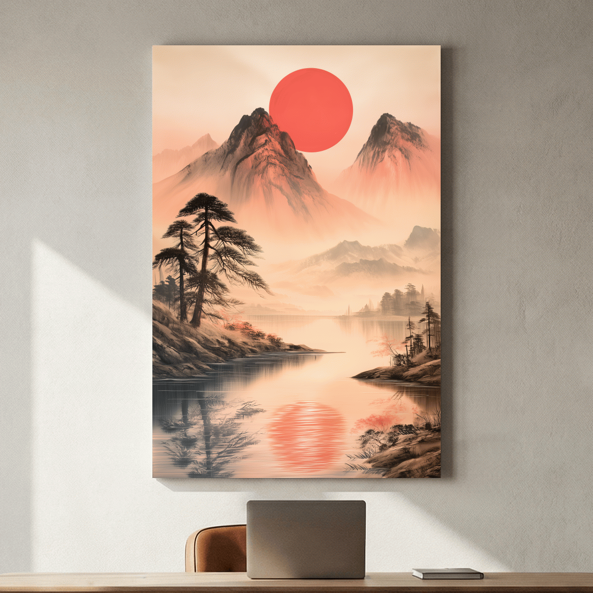 Zen Misty Mountain Lake Sunrise - Japanese Ink Wash Wall Art