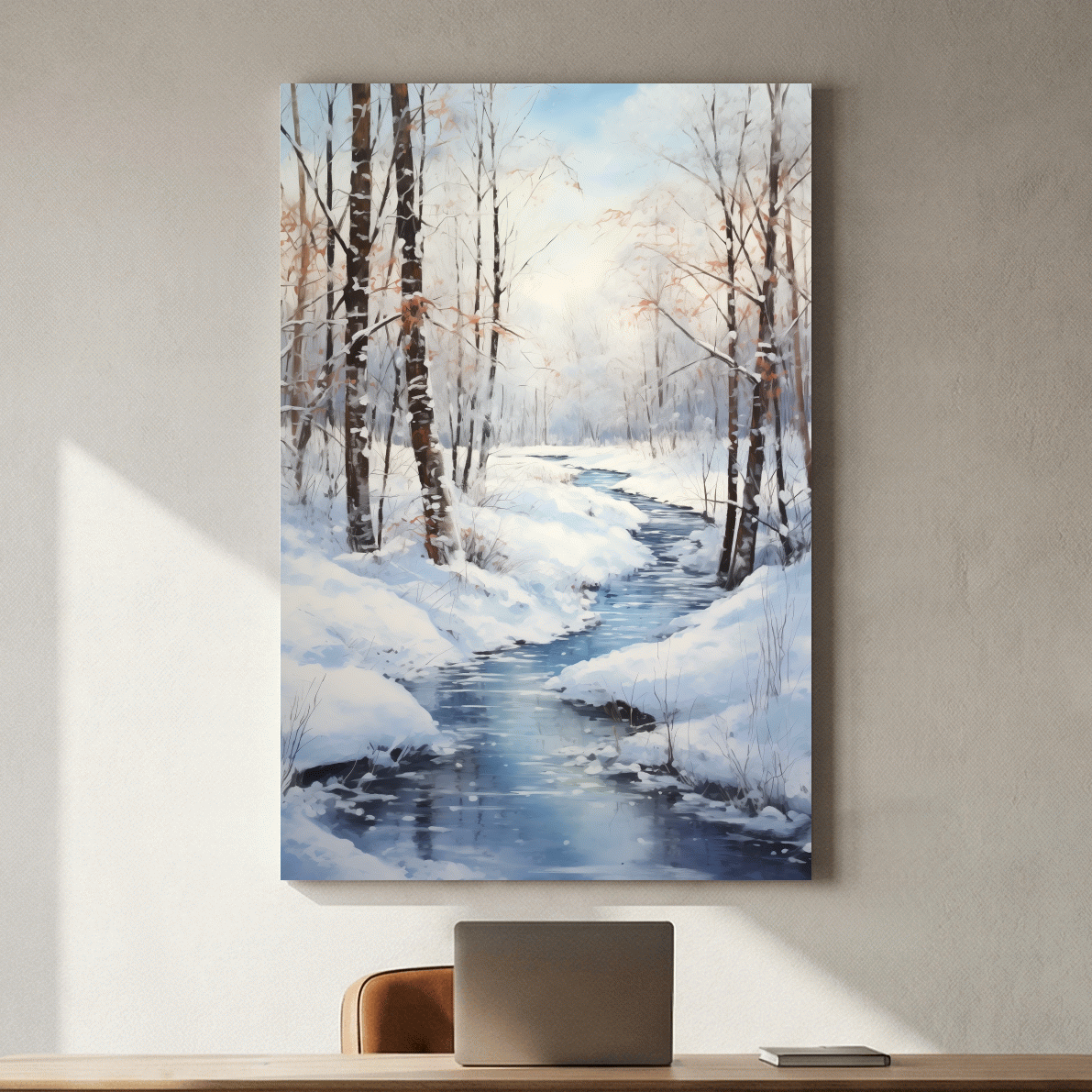 Serene Winter River Forest Painting - Snowy Woodland Wall Art