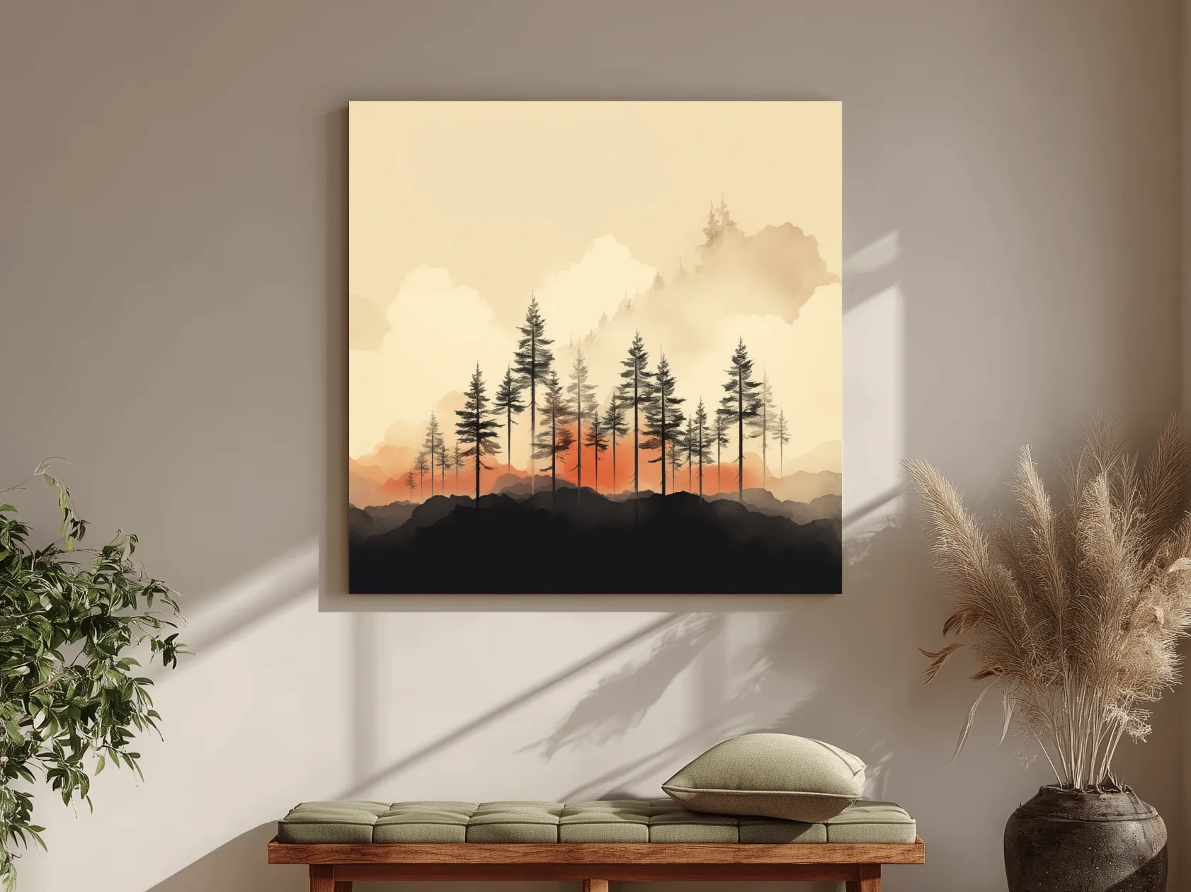 Misty Pine Forest Silhouettes At Sunrise - Minimalist Watercolor Mountain Wall Art