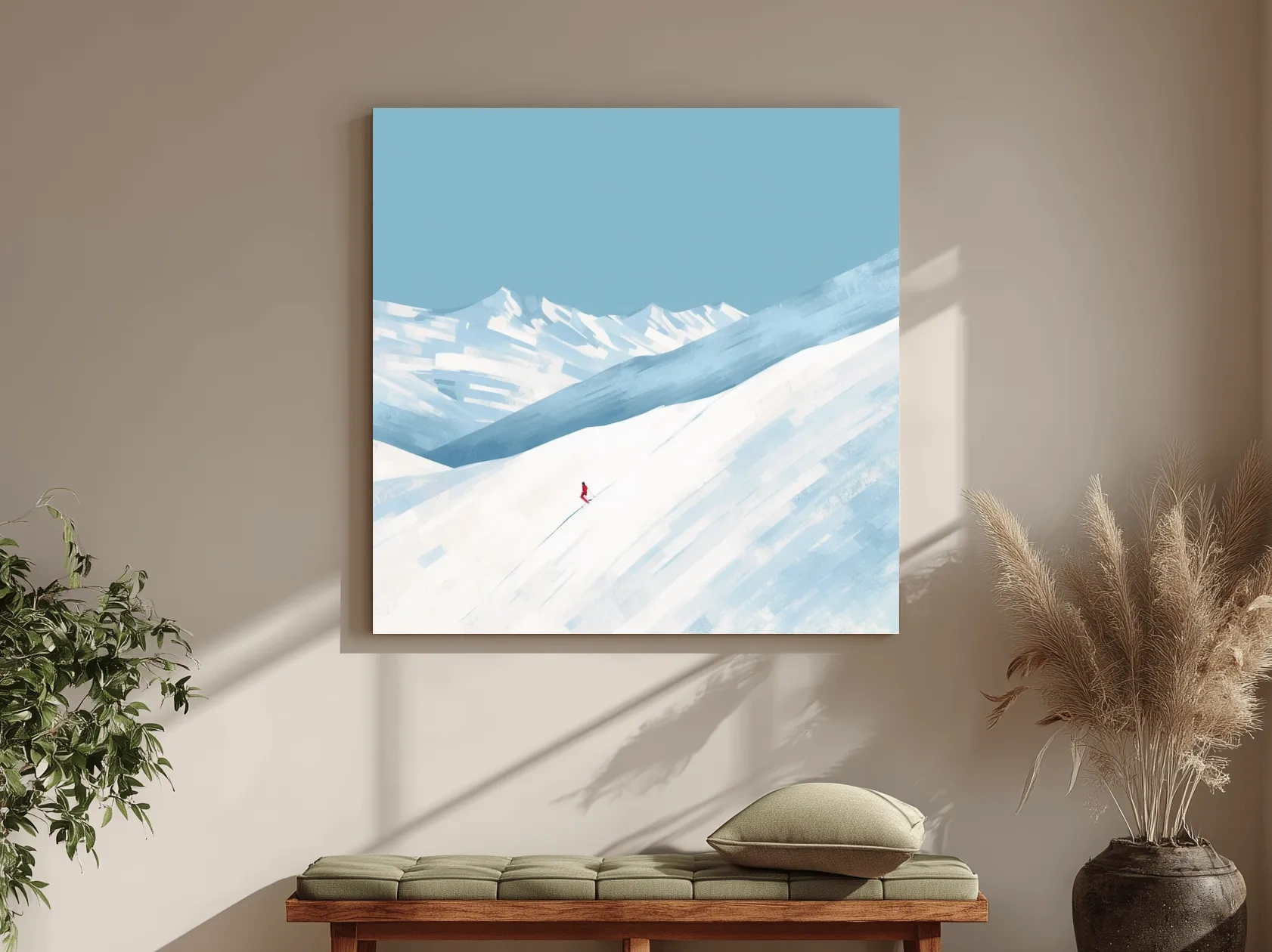 Minimalist Snowy Mountain Skier Painting - Alpine Winter Wall Art