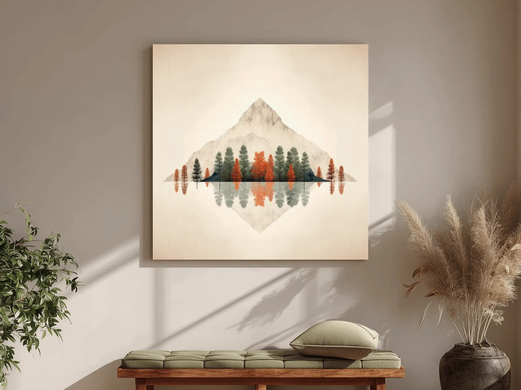 Minimalist Minimal Mountain Lake Reflection Painting - Autumn Pine Forest Artwork