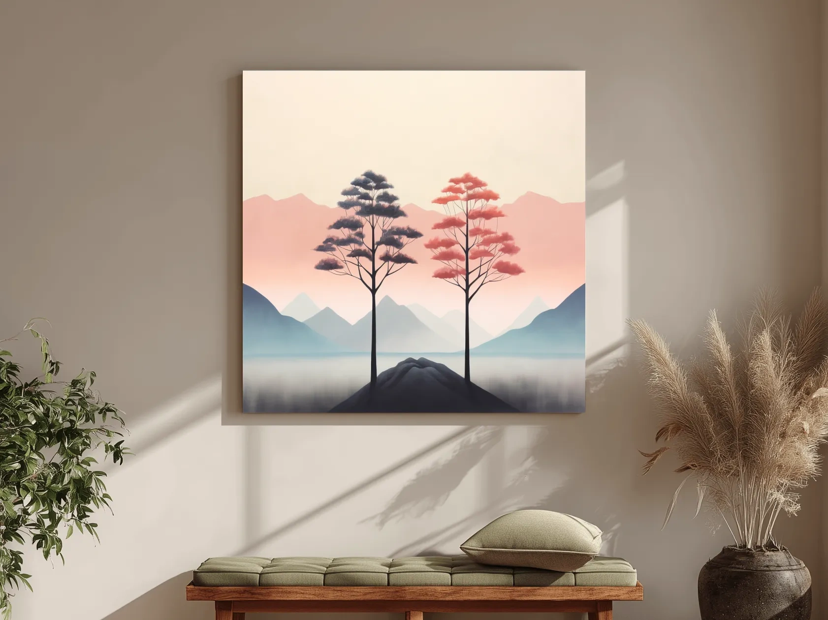 Minimalist Twin Pine Trees Landscape - Serene Pastel Mountain Lake Wall Art