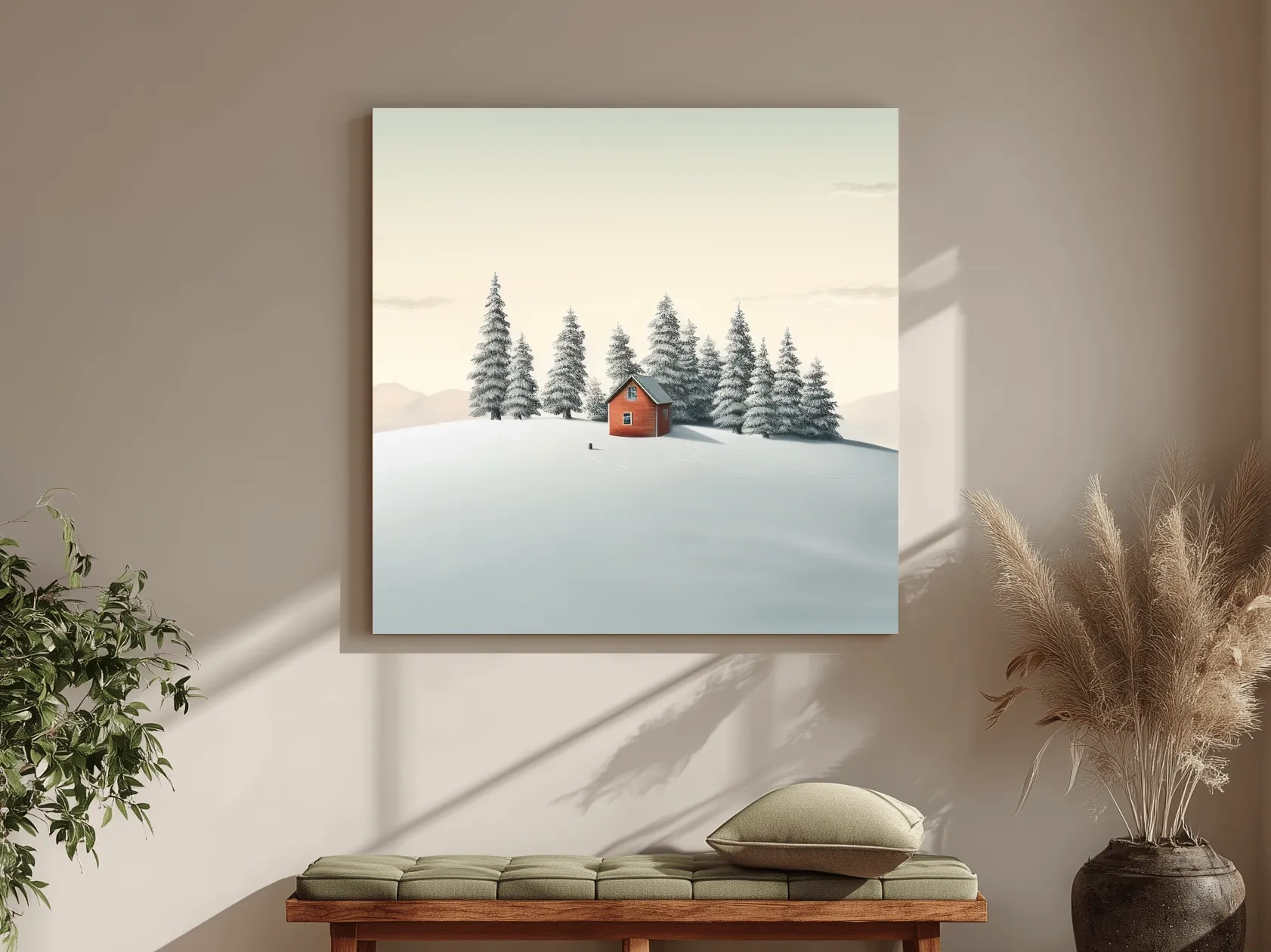 Minimalist Snowy Cabin In Pine Forest - Serene Winter Landscape Wall Art