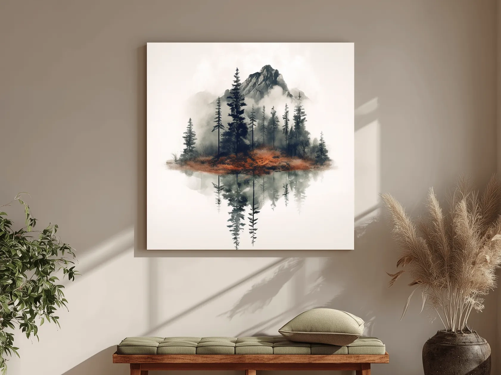 Minimalist Mountain Lake Reflection Watercolor - Moody Pine Forest Landscape Wall Art