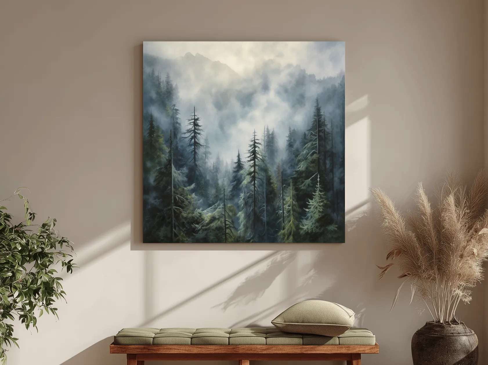 Moody Misty Pine Forest Mountains - Atmospheric Landscape Painting Wall Art