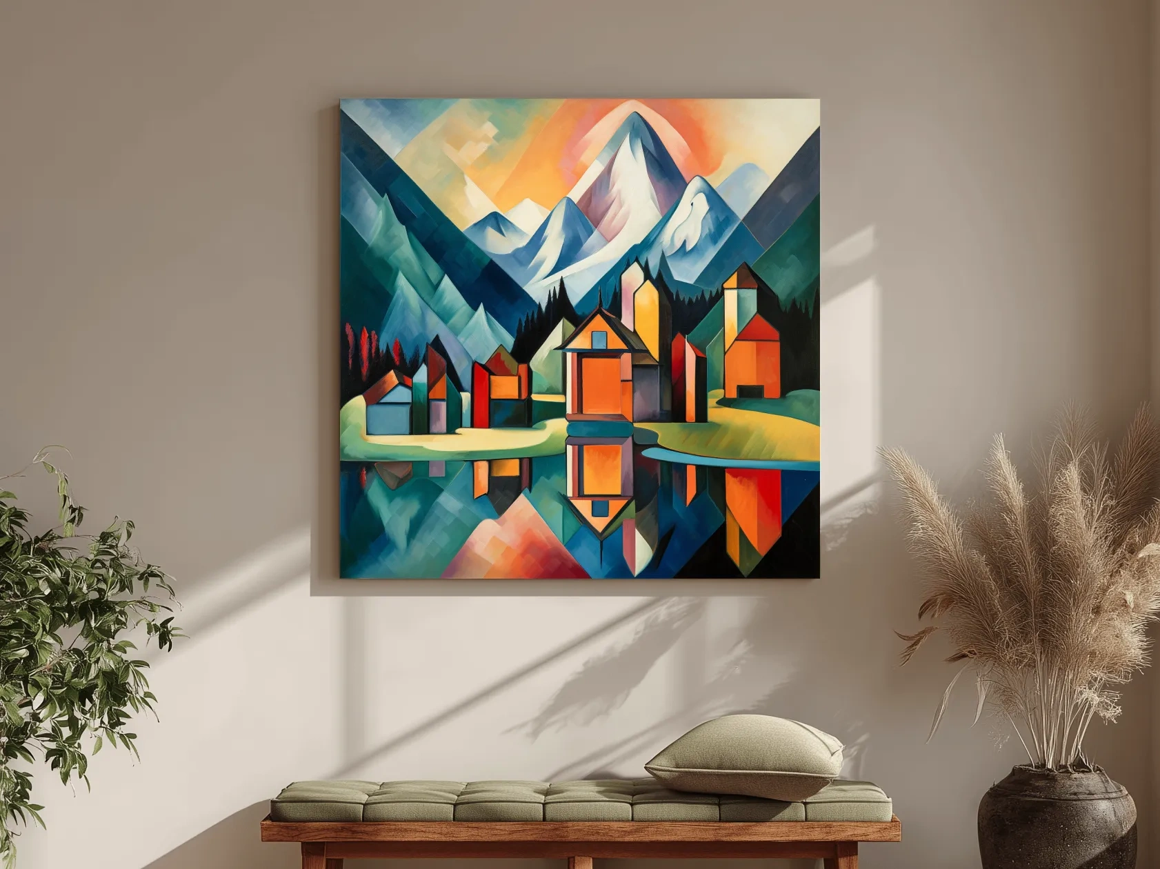 Colorful Geometric Alpine Village Lake Painting - Modern Abstract Mountain Wall Art