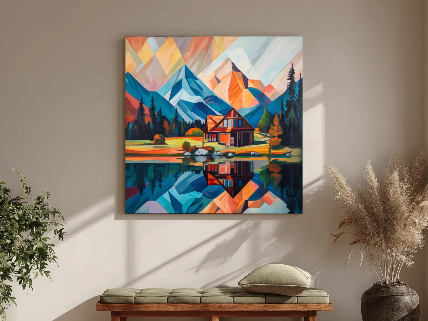Vibrant Geometric Mountain Cabin Lake Reflection - Abstract Sunrise Wall Art