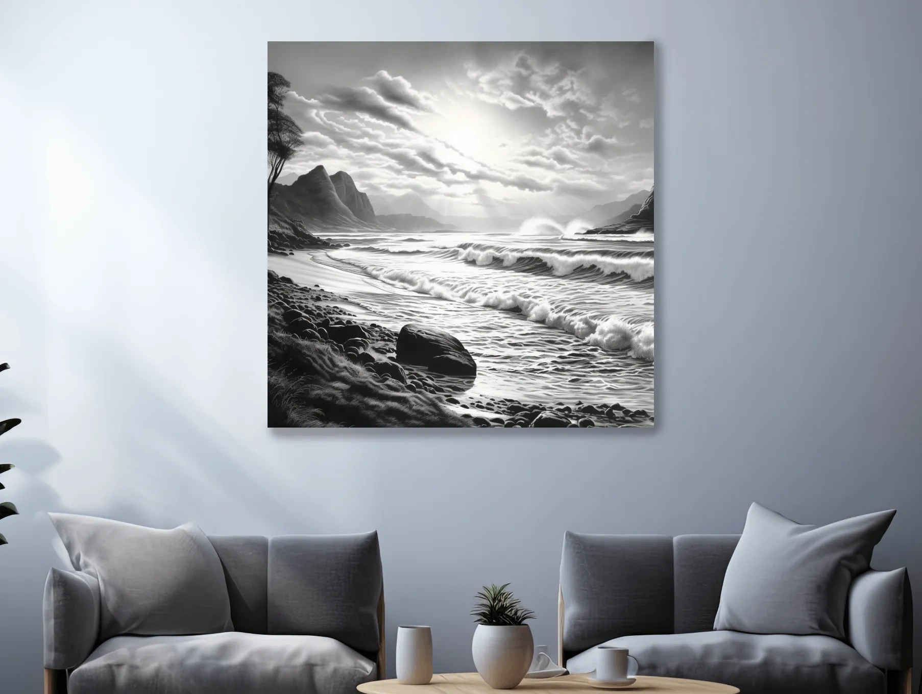 Black and white drawing of a sunny beach scene