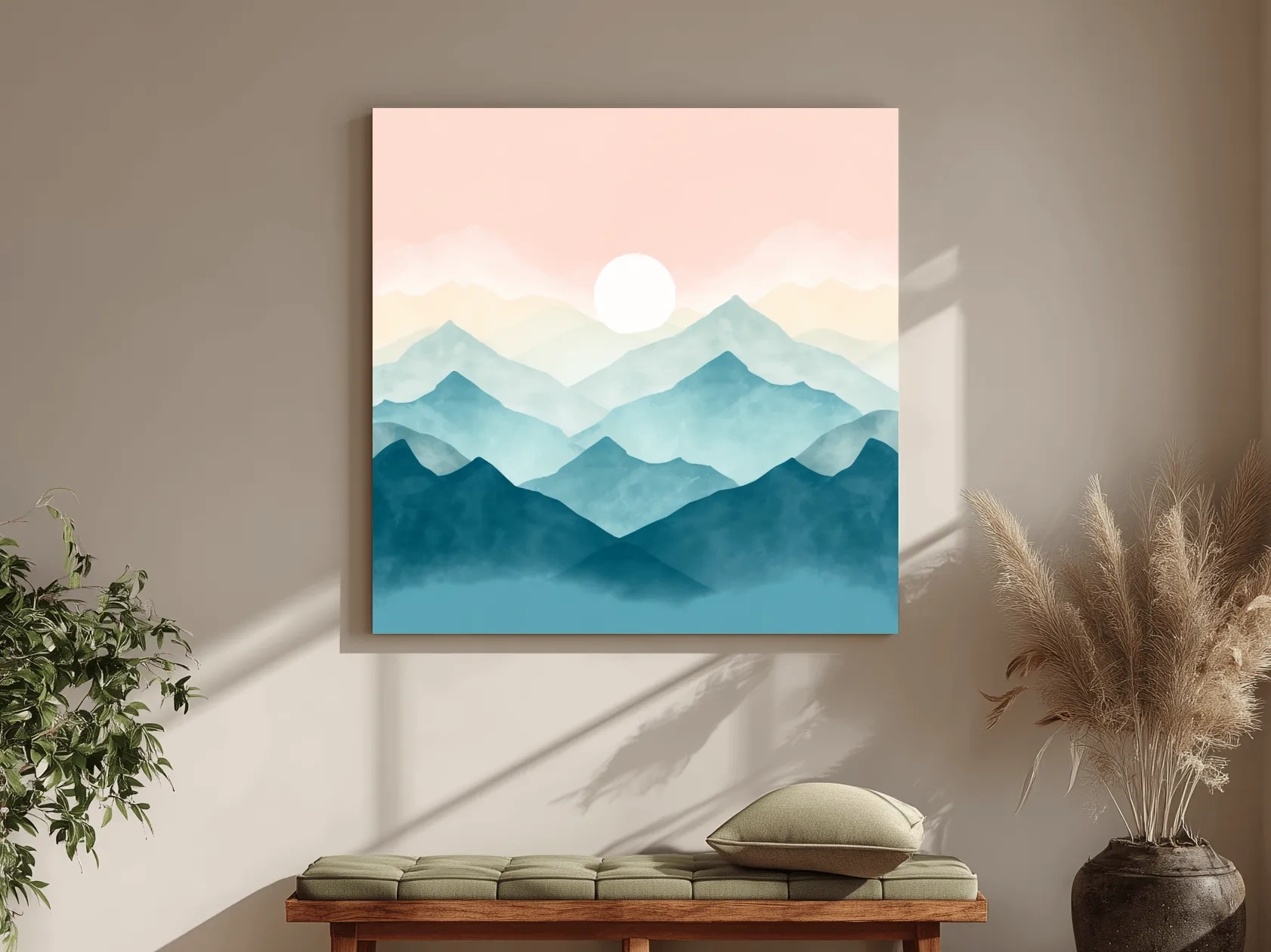 Minimalist Watercolor Misty Mountain Sunrise - Pastel Alpine Landscape Wall Art