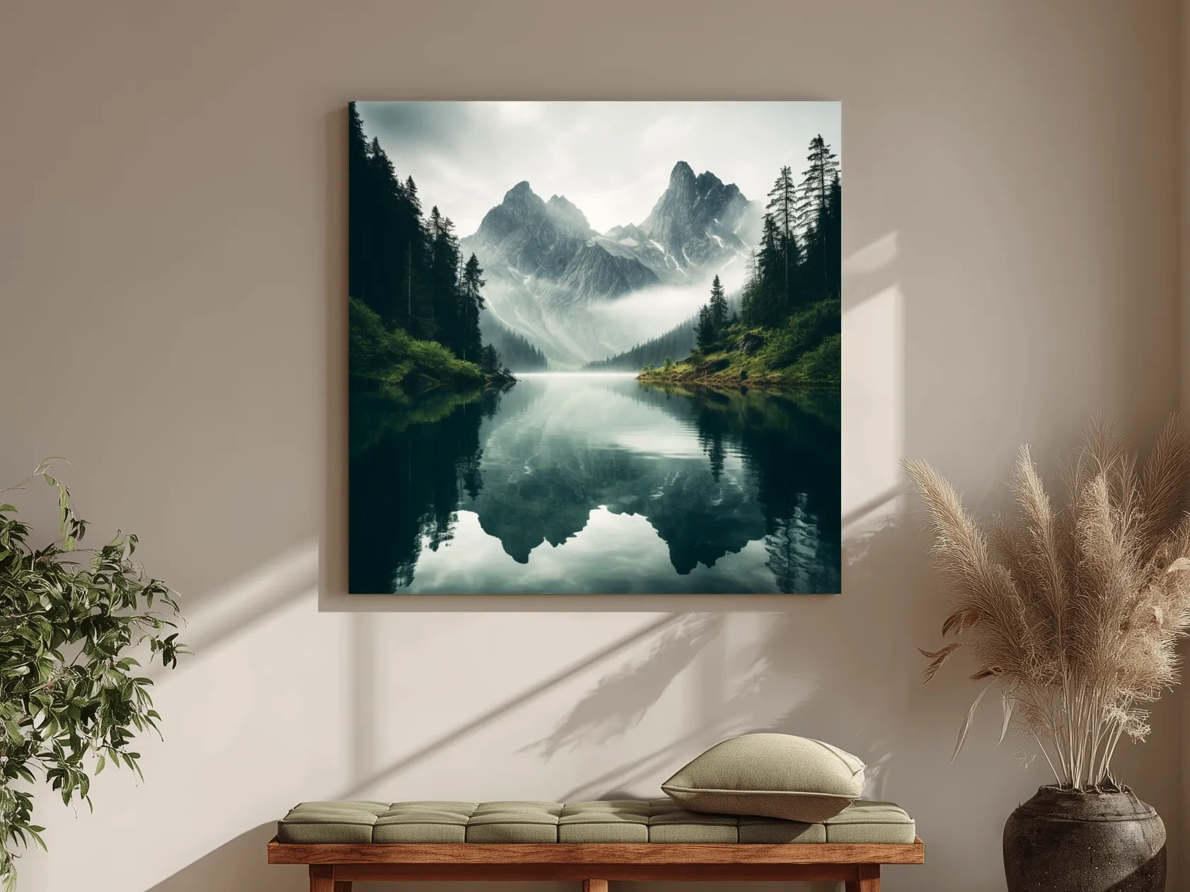 Misty Alpine Mountain Lake Reflection - Moody Pine Forest Photographic Wall Art