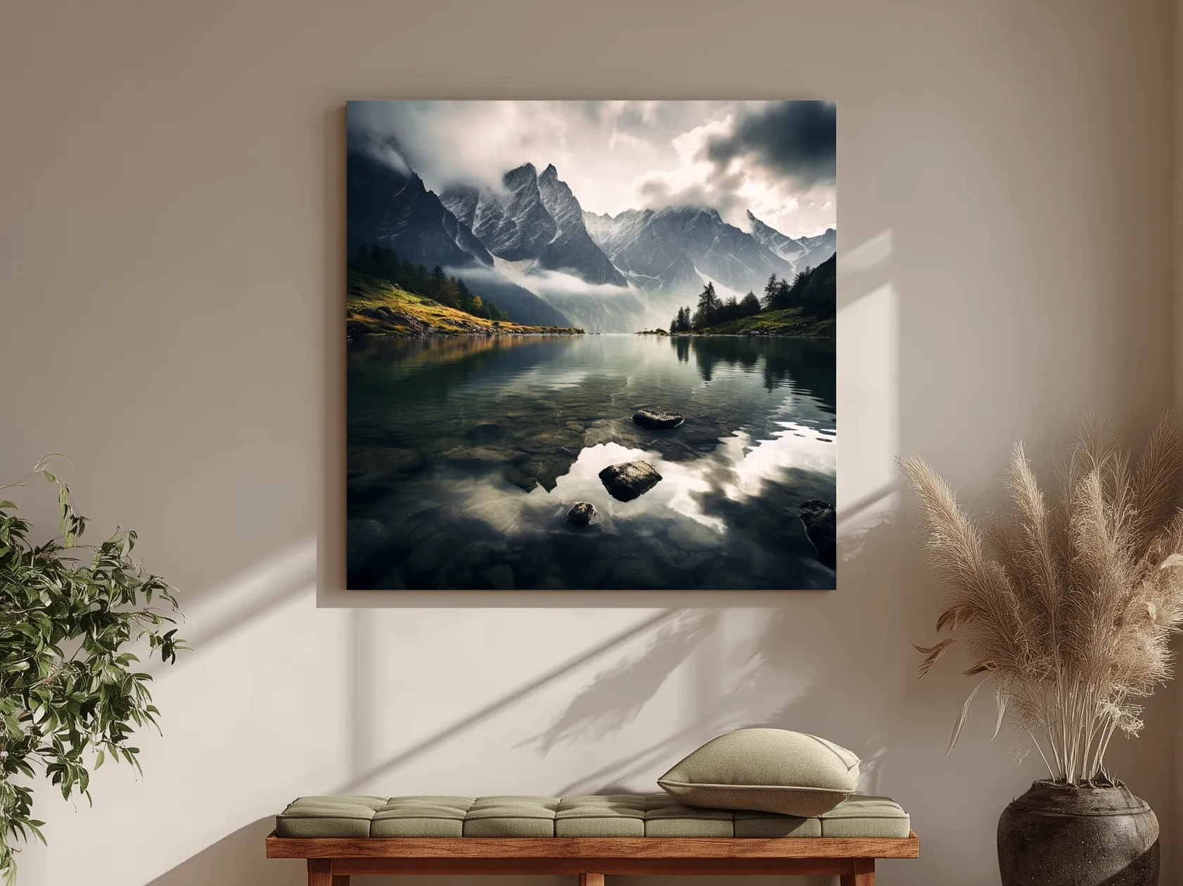 Moody Alpine Lake Reflection Photographic Print - Dramatic Landscape Wall Art