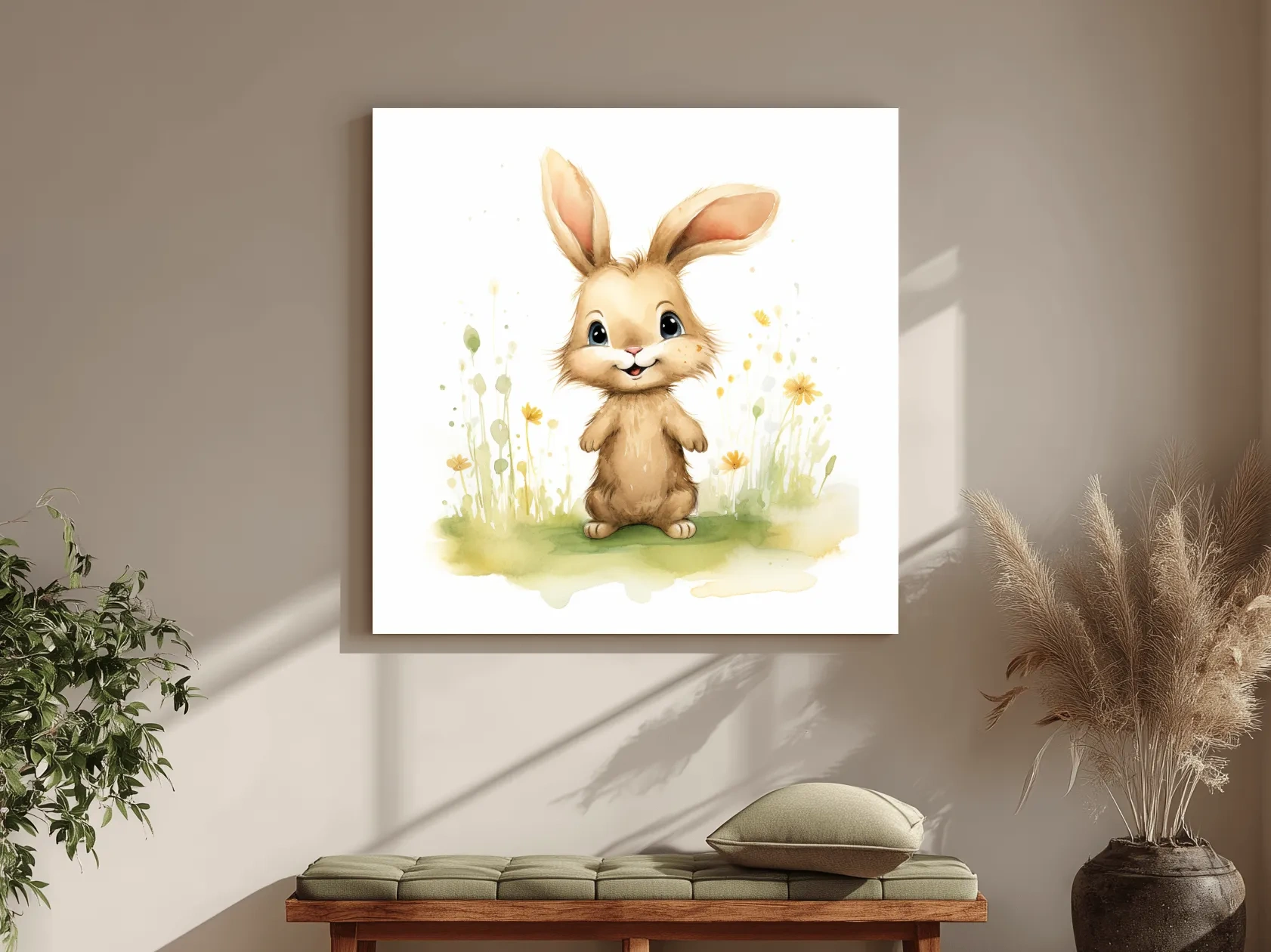 Cute Watercolor Bunny In Wildflowers - Whimsical Nursery Animal Wall Art