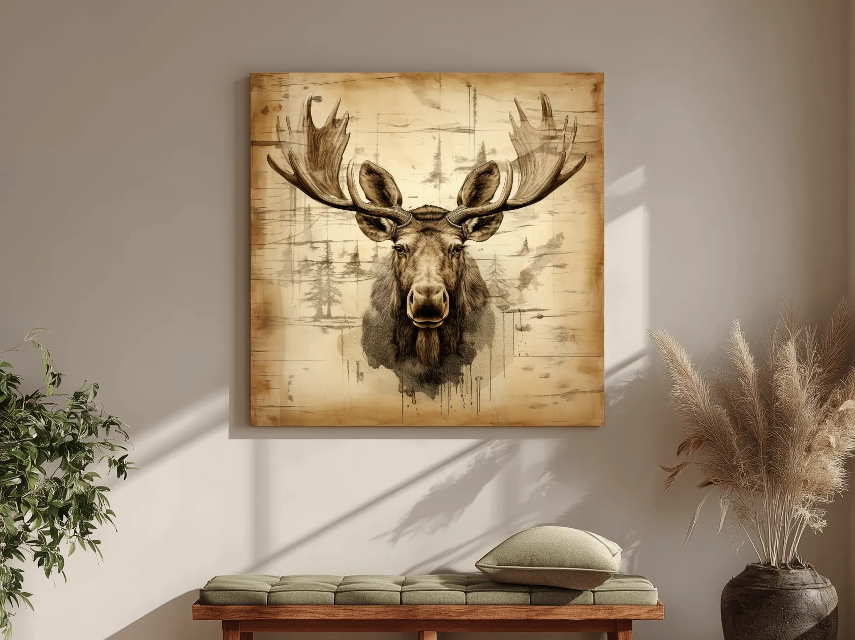 Rustic Sepia Moose Portrait Sketch - Vintage Lodge Wildlife Wall Art