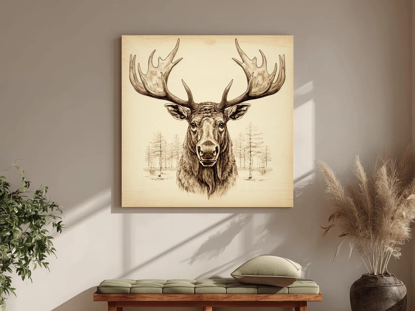 Rustic Sepia Moose Head Sketch - Vintage Woodland Wildlife Wall Art