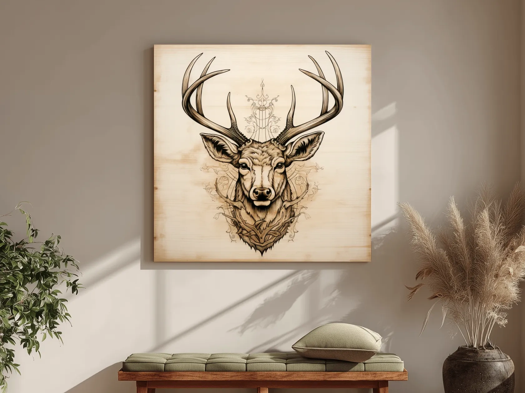Ornate Deer Head on Wood Sketch Illustration - Rustic Wildlife Wall Art