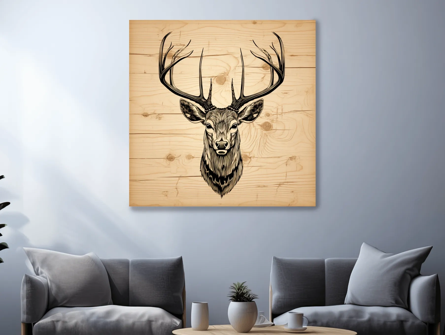 Rustic Engraved Wood Deer Head Illustration - Lodge Wildlife Wall Art
