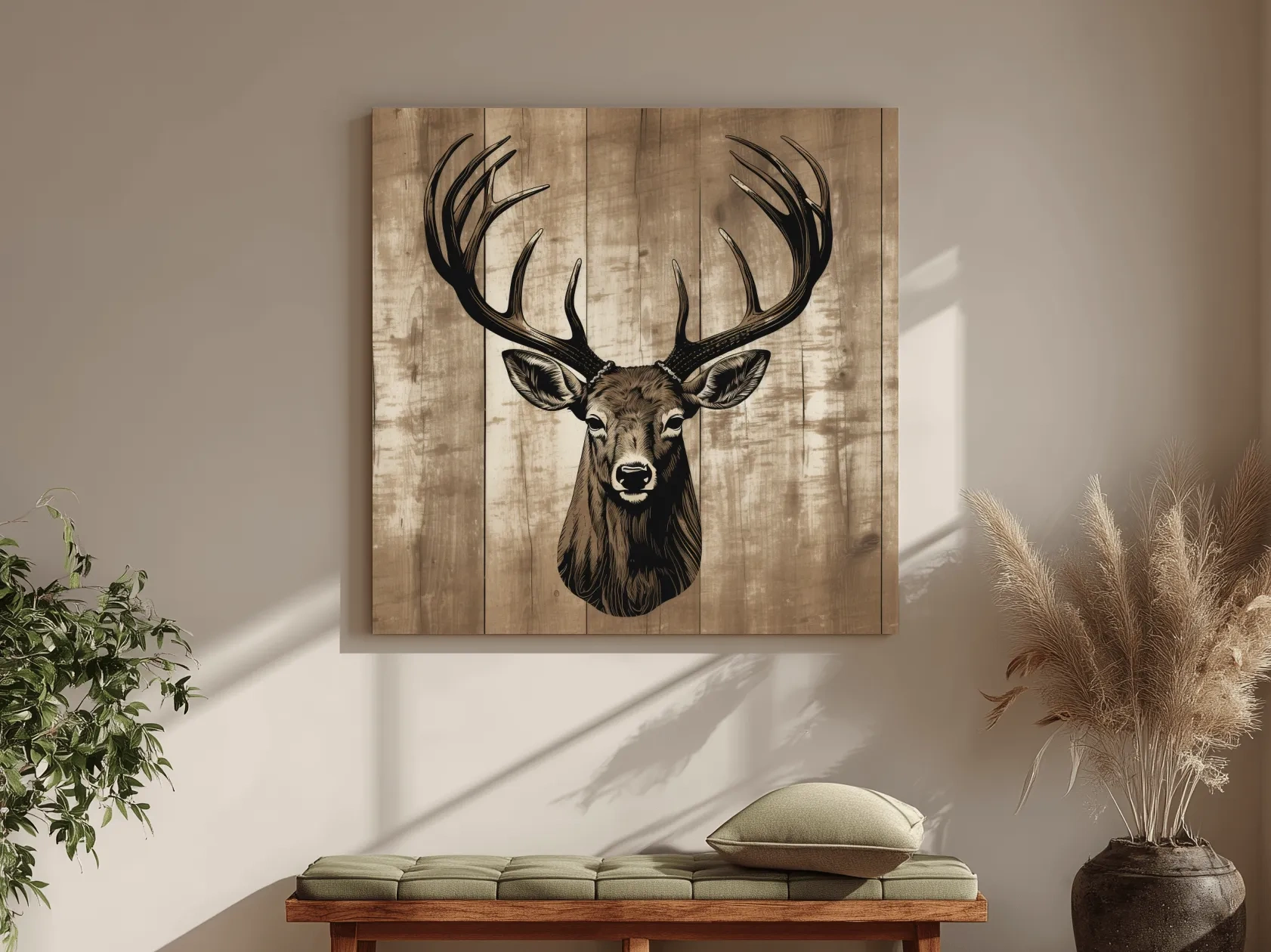 Rustic Stag Head Illustration - Vintage Cabin Lodge Wildlife Wall Art